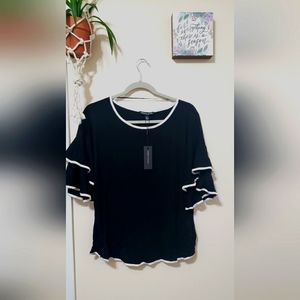 🔥NWT Cable & Gauge Black/White Blouse w/ Ruffle Sleeves